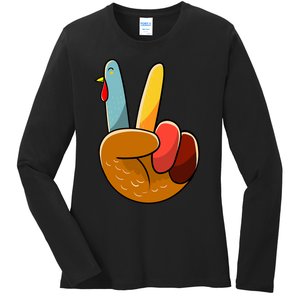 Turkey Peace Hand Sign Thanksgiving Thankful Ladies Long Sleeve Shirt