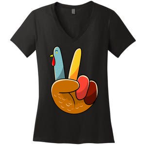 Turkey Peace Hand Sign Thanksgiving Thankful Women's V-Neck T-Shirt