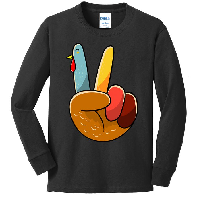 Turkey Peace Hand Sign Thanksgiving Thankful Kids Long Sleeve Shirt