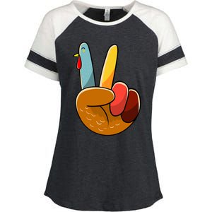 Turkey Peace Hand Sign Thanksgiving Thankful Enza Ladies Jersey Colorblock Tee