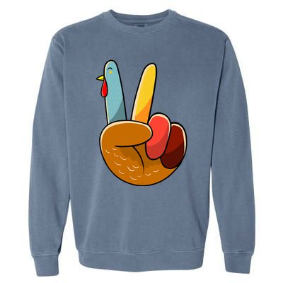 Turkey Peace Hand Sign Thanksgiving Thankful Garment-Dyed Sweatshirt