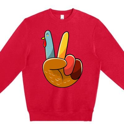 Turkey Peace Hand Sign Thanksgiving Thankful Premium Crewneck Sweatshirt