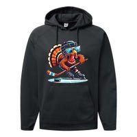 Turkey Playing Ice Hockey Happy Thanksgiving Turkey Day Performance Fleece Hoodie