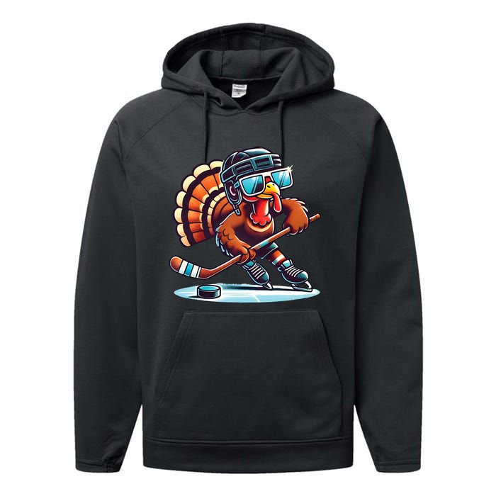 Turkey Playing Ice Hockey Happy Thanksgiving Turkey Day Performance Fleece Hoodie