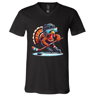 Turkey Playing Ice Hockey Happy Thanksgiving Turkey Day V-Neck T-Shirt