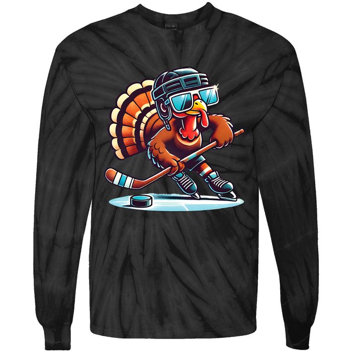 Turkey Playing Ice Hockey Happy Thanksgiving Turkey Day Tie-Dye Long Sleeve Shirt