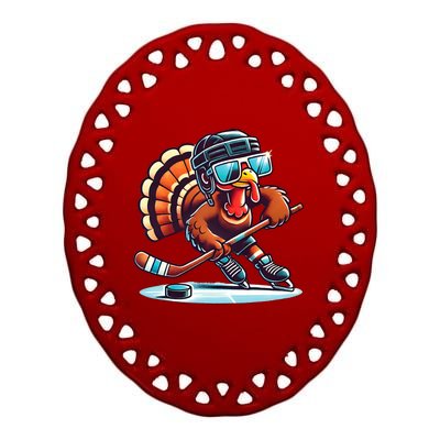 Turkey Playing Ice Hockey Happy Thanksgiving Turkey Day Ceramic Oval Ornament