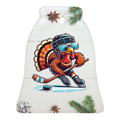 Turkey Playing Ice Hockey Happy Thanksgiving Turkey Day Ceramic Bell Ornament