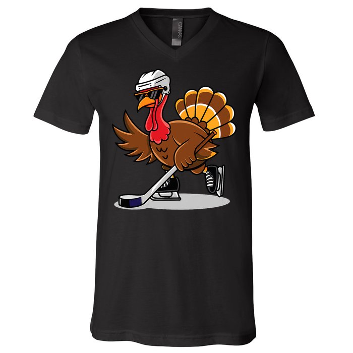 Turkey Playing Ice Hockey Happy Thanksgiving Turkey V-Neck T-Shirt