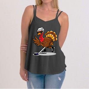 Turkey Playing Ice Hockey Happy Thanksgiving Turkey Women's Strappy Tank