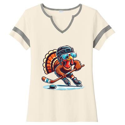 Turkey Playing Ice Hockey Happy Thanksgiving Turkey Day Ladies Halftime Notch Neck Tee