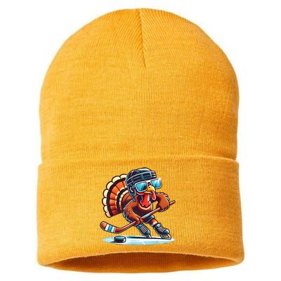 Turkey Playing Ice Hockey Happy Thanksgiving Turkey Day Sustainable Knit Beanie