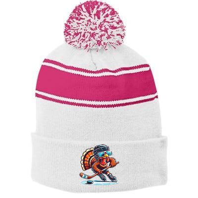 Turkey Playing Ice Hockey Happy Thanksgiving Turkey Day Stripe Pom Pom Beanie