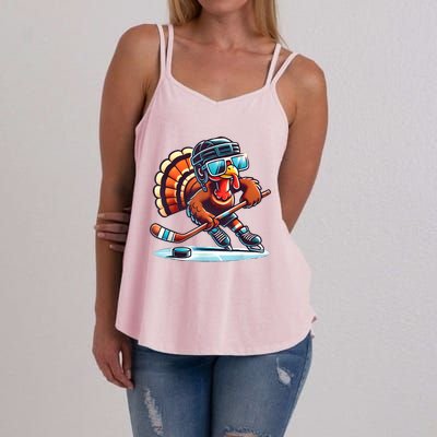 Turkey Playing Ice Hockey Happy Thanksgiving Turkey Day Women's Strappy Tank