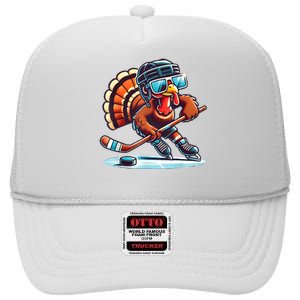 Turkey Playing Ice Hockey Happy Thanksgiving Turkey Day High Crown Mesh Back Trucker Hat