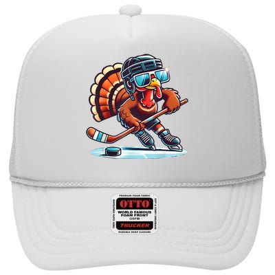 Turkey Playing Ice Hockey Happy Thanksgiving Turkey Day High Crown Mesh Back Trucker Hat