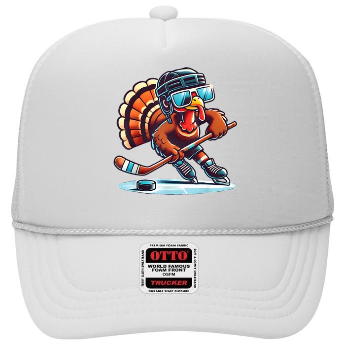 Turkey Playing Ice Hockey Happy Thanksgiving Turkey Day High Crown Mesh Back Trucker Hat