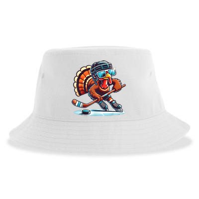 Turkey Playing Ice Hockey Happy Thanksgiving Turkey Day Sustainable Bucket Hat