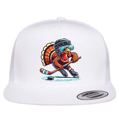 Turkey Playing Ice Hockey Happy Thanksgiving Turkey Day Flat Bill Trucker Hat