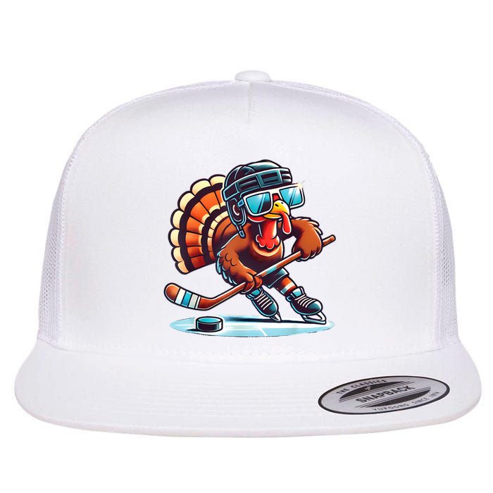 Turkey Playing Ice Hockey Happy Thanksgiving Turkey Day Flat Bill Trucker Hat