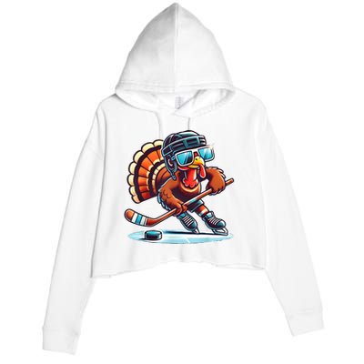 Turkey Playing Ice Hockey Happy Thanksgiving Turkey Day Crop Fleece Hoodie