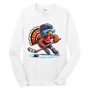 Turkey Playing Ice Hockey Happy Thanksgiving Turkey Day Tall Long Sleeve T-Shirt