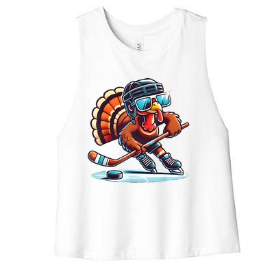 Turkey Playing Ice Hockey Happy Thanksgiving Turkey Day Women's Racerback Cropped Tank