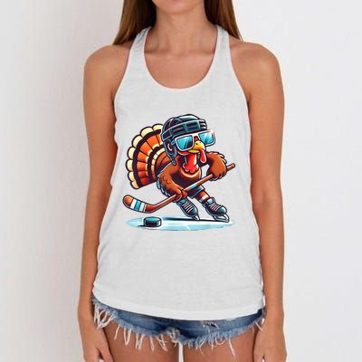 Turkey Playing Ice Hockey Happy Thanksgiving Turkey Day Women's Knotted Racerback Tank