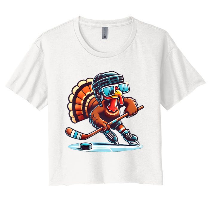 Turkey Playing Ice Hockey Happy Thanksgiving Turkey Day Women's Crop Top Tee