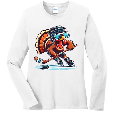 Turkey Playing Ice Hockey Happy Thanksgiving Turkey Day Ladies Long Sleeve Shirt