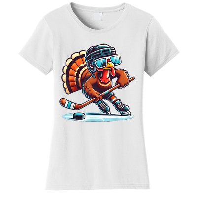 Turkey Playing Ice Hockey Happy Thanksgiving Turkey Day Women's T-Shirt