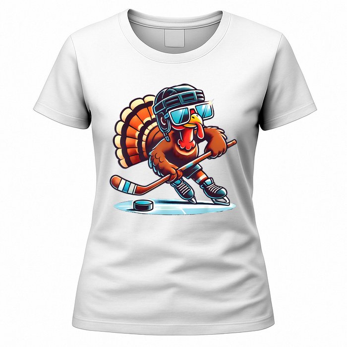 Turkey Playing Ice Hockey Happy Thanksgiving Turkey Day Women's T-Shirt