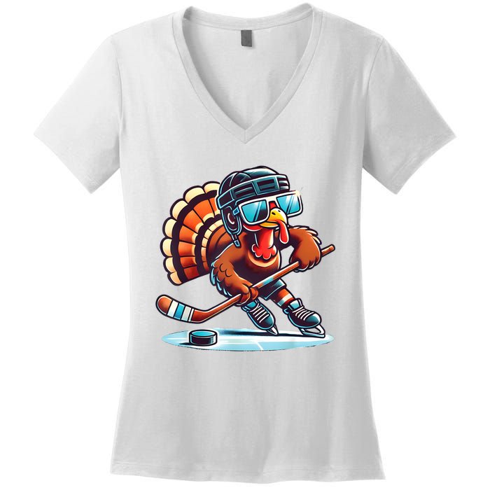 Turkey Playing Ice Hockey Happy Thanksgiving Turkey Day Women's V-Neck T-Shirt