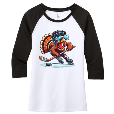 Turkey Playing Ice Hockey Happy Thanksgiving Turkey Day Women's Tri-Blend 3/4-Sleeve Raglan Shirt