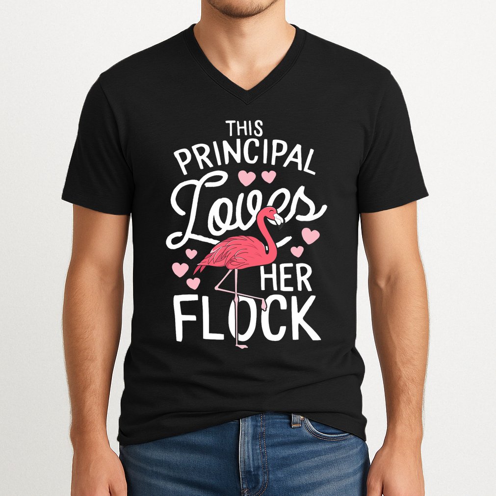 This Principal Loves Her Flock Flamingo Teacher School Gift V-Neck T-Shirt