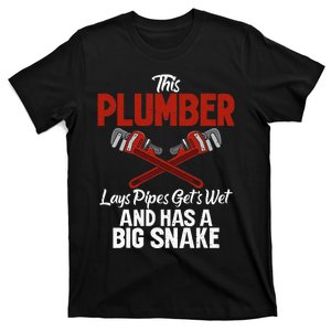 This Plumber lays Pipes gets wet and has a big Snake Plumber T-Shirt