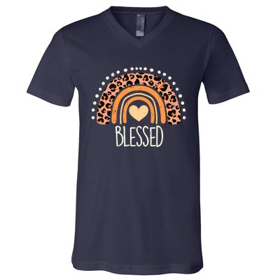 Thankful Pumpkin Leopard Boho Rainbow Happy Thanksgiving V-Neck T-Shirt