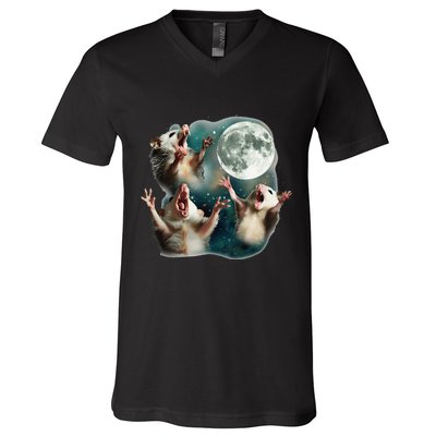 Three Possum Moon 3 Opossum Funny Weird Cursed Meme V-Neck T-Shirt
