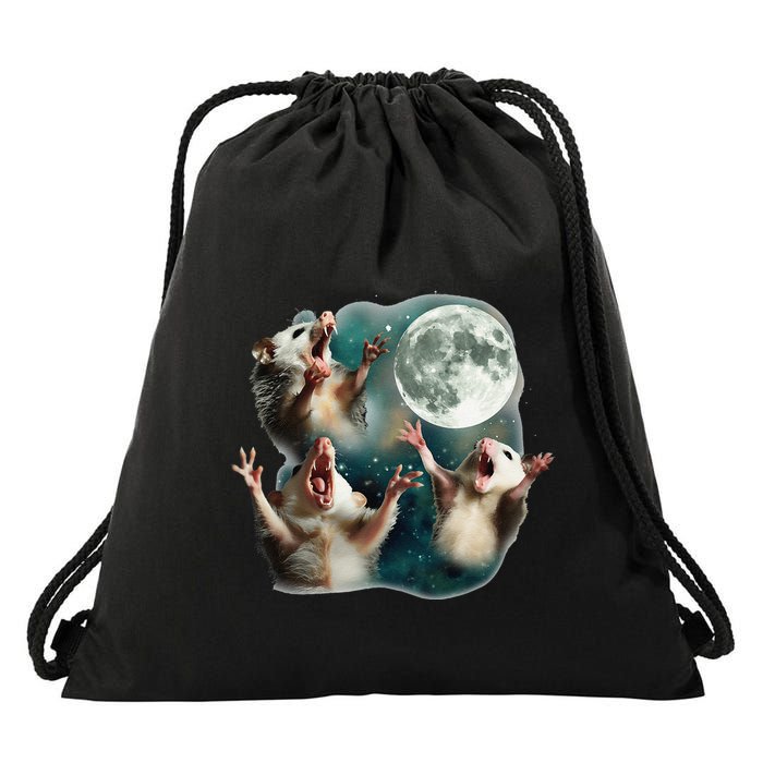 Three Possum Moon 3 Opossum Funny Weird Cursed Meme Drawstring Bag