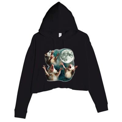 Three Possum Moon 3 Opossum Funny Weird Cursed Meme Crop Fleece Hoodie