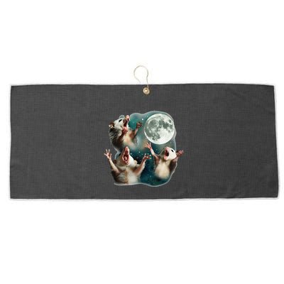 Three Possum Moon 3 Opossum Funny Weird Cursed Meme Large Microfiber Waffle Golf Towel