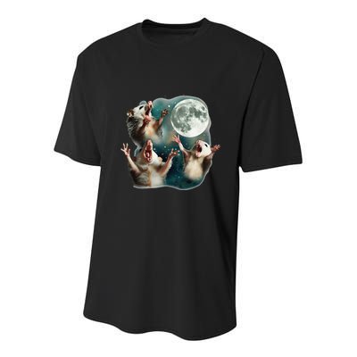 Three Possum Moon 3 Opossum Funny Weird Cursed Meme Youth Performance Sprint T-Shirt