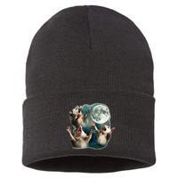 Three Possum Moon 3 Opossum Funny Weird Cursed Meme Sustainable Knit Beanie
