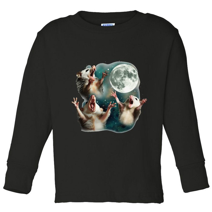 Three Possum Moon 3 Opossum Funny Weird Cursed Meme Toddler Long Sleeve Shirt