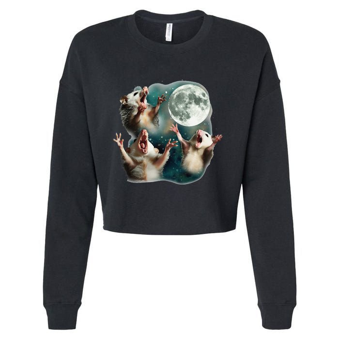 Three Possum Moon 3 Opossum Funny Weird Cursed Meme Cropped Pullover Crew