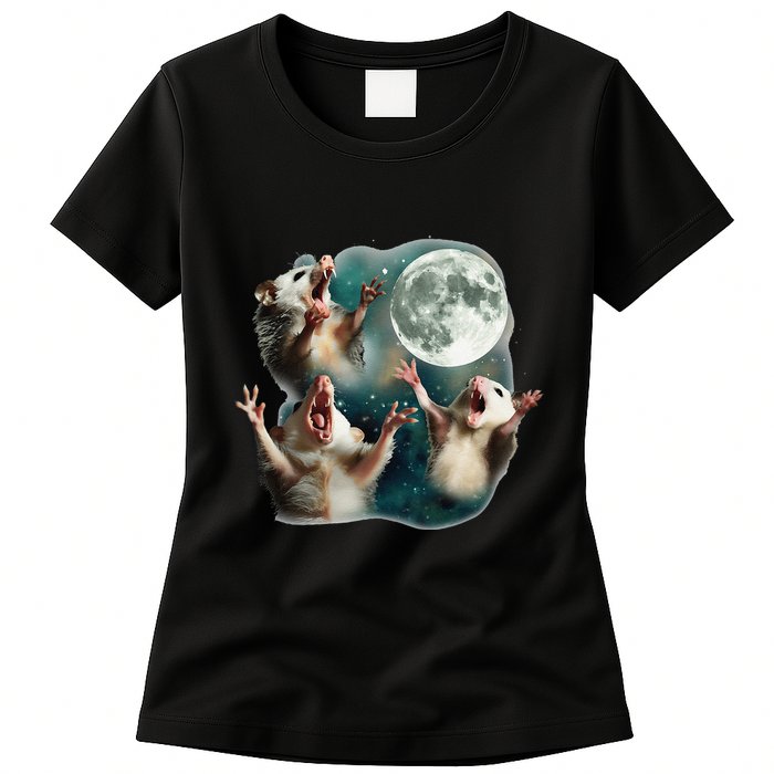 Three Possum Moon 3 Opossum Funny Weird Cursed Meme Womens T-Shirt