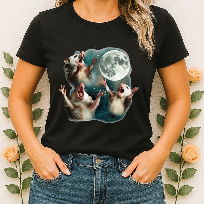 Three Possum Moon 3 Opossum Funny Weird Cursed Meme Womens T-Shirt