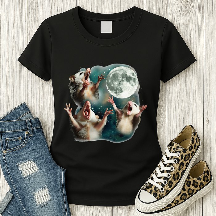 Three Possum Moon 3 Opossum Funny Weird Cursed Meme Womens T-Shirt