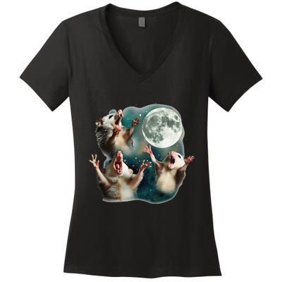 Three Possum Moon 3 Opossum Funny Weird Cursed Meme Women's V-Neck T-Shirt
