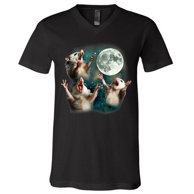 Three Possum Moon | 3 Opossum Funny Weird Cursed Meme V-Neck T-Shirt